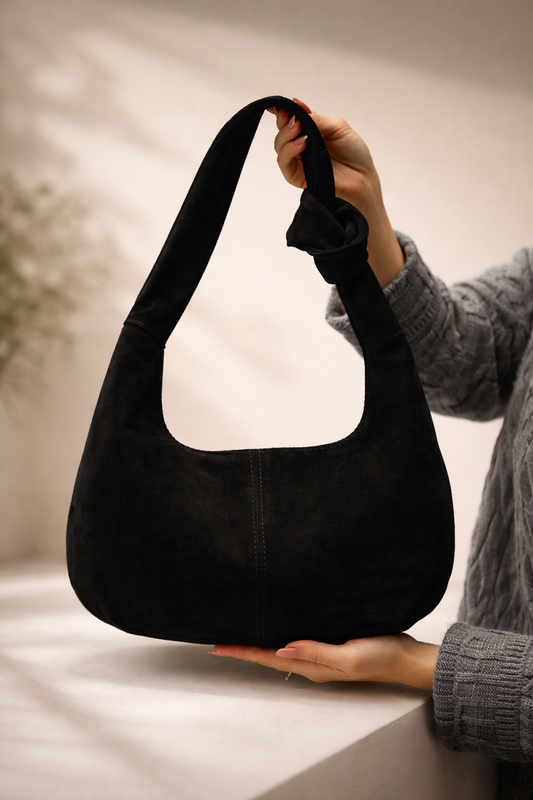 Handmade Black Genuine Suede Shopper Bag Gift for Her Elegant Minimalist Shoulder Tote