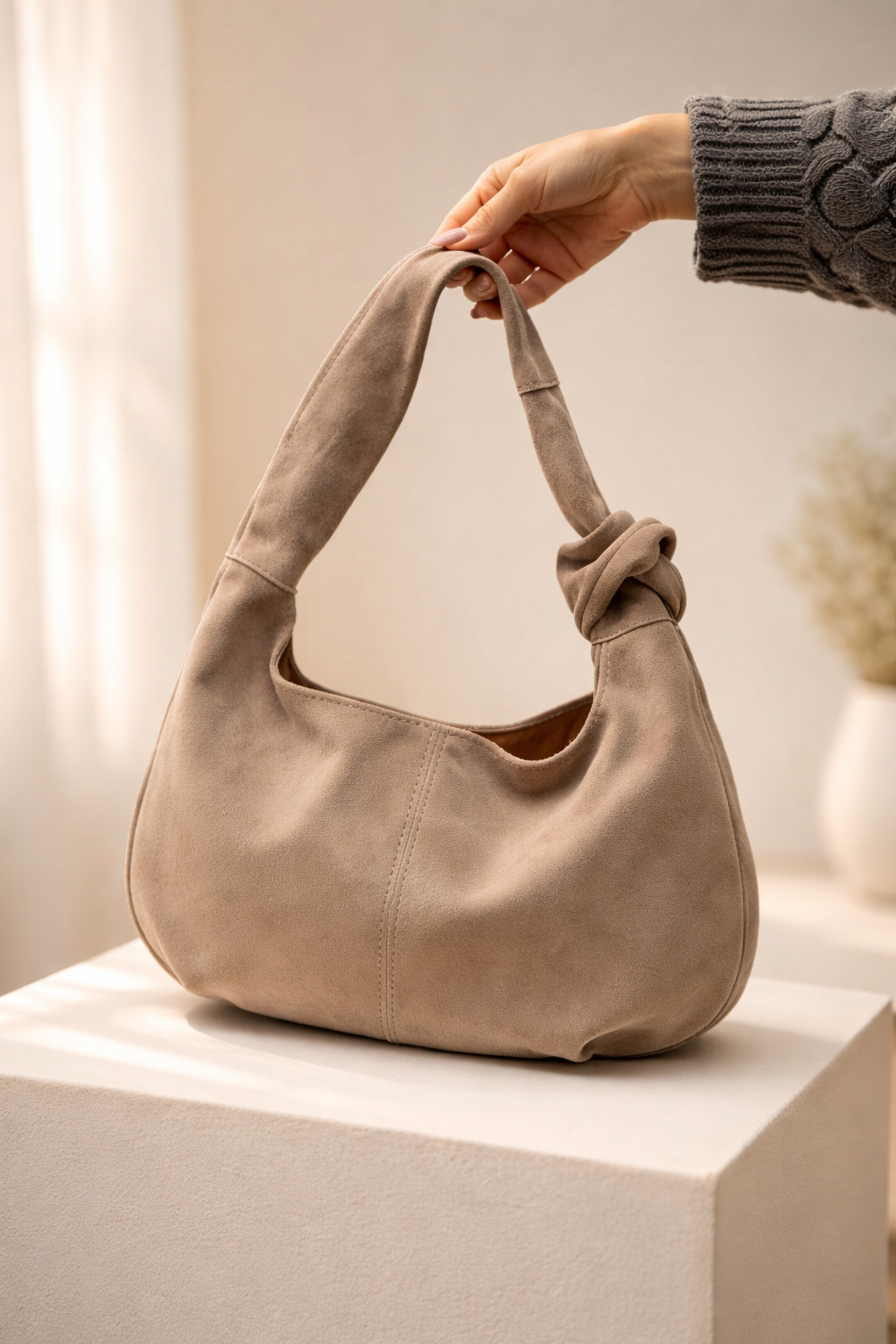 Handmade Beige Suede Hobo Bag Gift for Her Elegant Soft Shoulder Bag