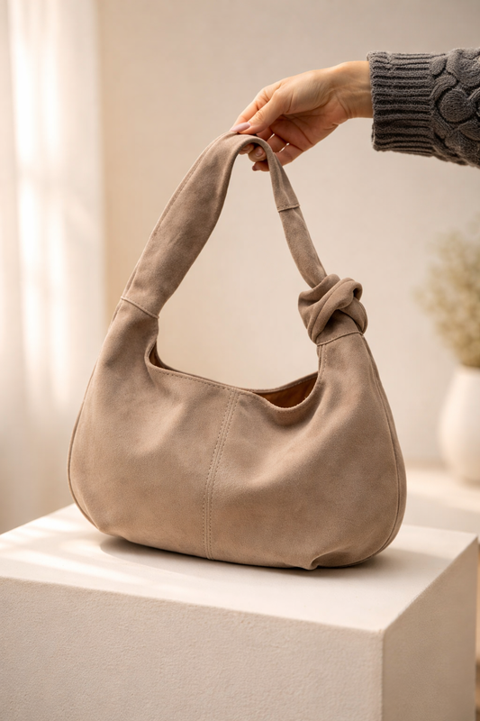 Handmade Beige Suede Hobo Bag Gift for Her Elegant Soft Shoulder Bag