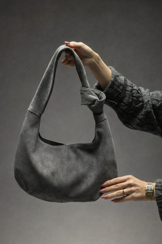 Handmade Natural Suede Hobo Bag Gray Gift for Her