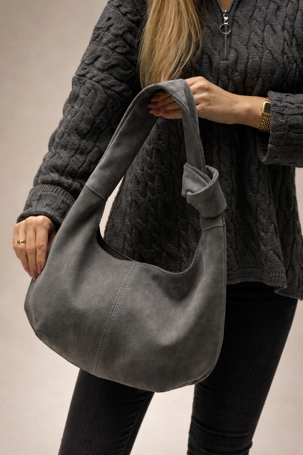 Handmade Natural Suede Hobo Bag Gray Gift for Her