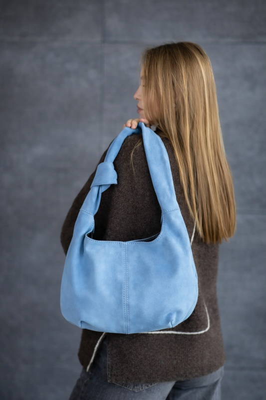 Handmade Powder Blue Suede Hobo Bag Gift for Her Knot Handle Shoulder Bag