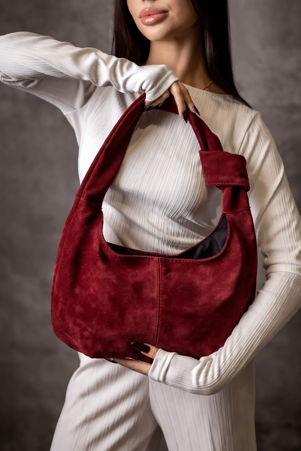 Handmade Burgundy Suede Hobo Bag Gift for Her Elegant Suede Shoulder Bag