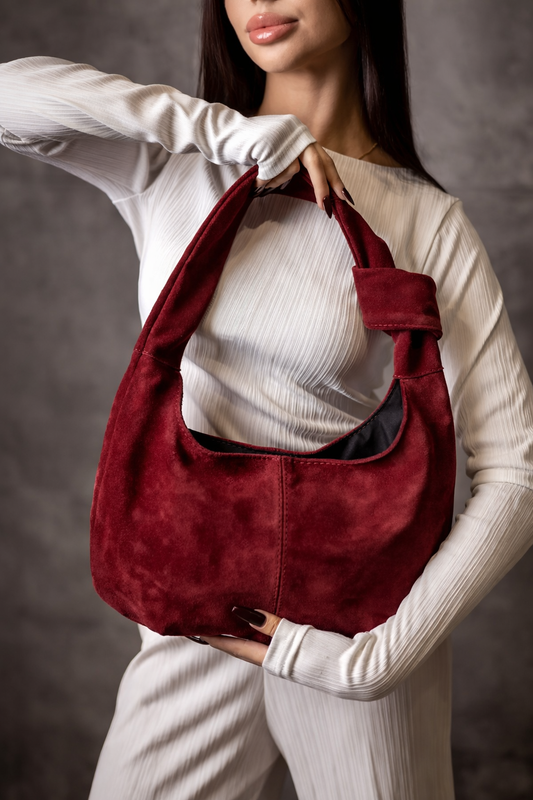 Handmade Burgundy Suede Hobo Bag Gift for Her Elegant Suede Shoulder Bag