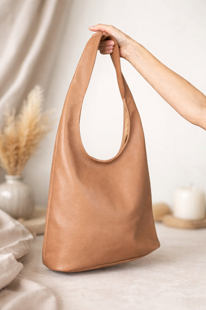 Handmade Womens Leather Shopper Bag Genuine Pebbled Leather Floater Cappuccino Gift for Her