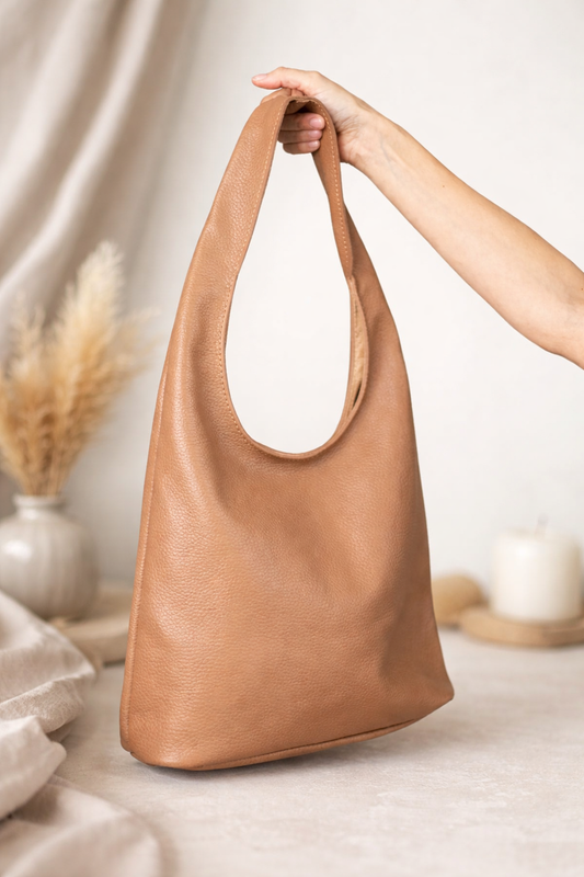 Handmade Womens Leather Shopper Bag Genuine Pebbled Leather Floater Cappuccino Gift for Her