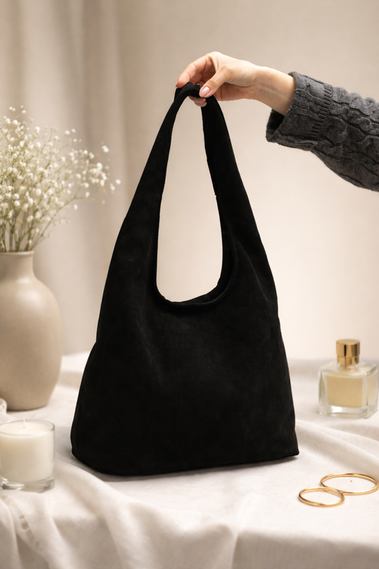 Womens Black Suede Shopper Bag Handmade Gift for Her Suede Tote