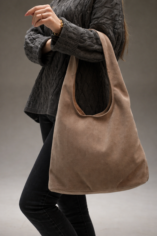 Handmade Beige Suede Shopper Bag Womens Tote Gift for Her