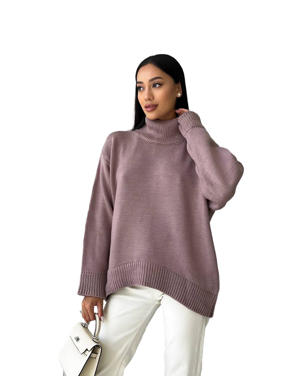 Women Turtleneck Sweater Mauve Oversized Wool Acrylic Knit