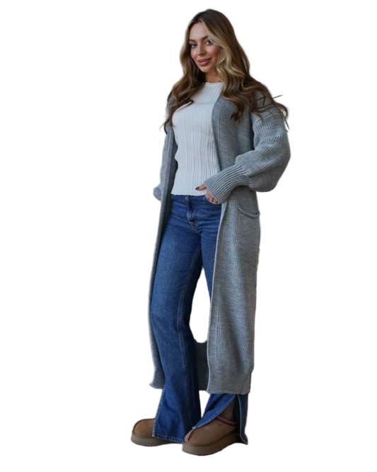 Stylish Long Grey Knit Cardigan Women