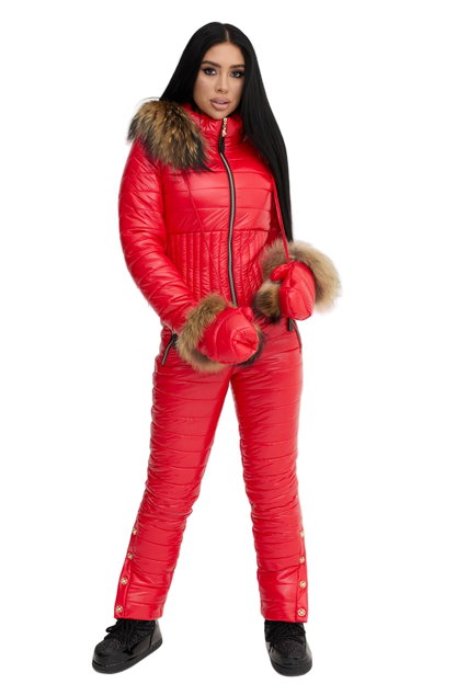 Womens Red Insulated Puffer Winter Overall Ski Jumpsuit with Raccoon Fur Hood and Faux Fur Mittens