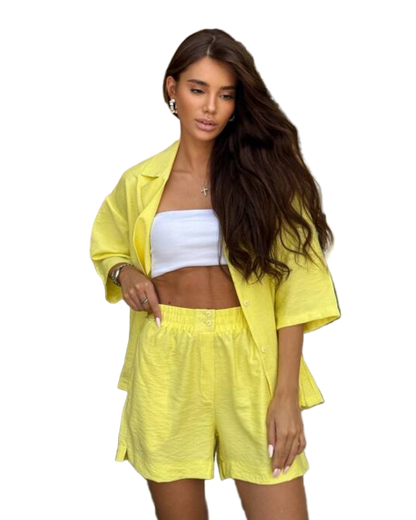 Yellow Linen Boho Two-Piece Set with Loose Shirt and Shorts