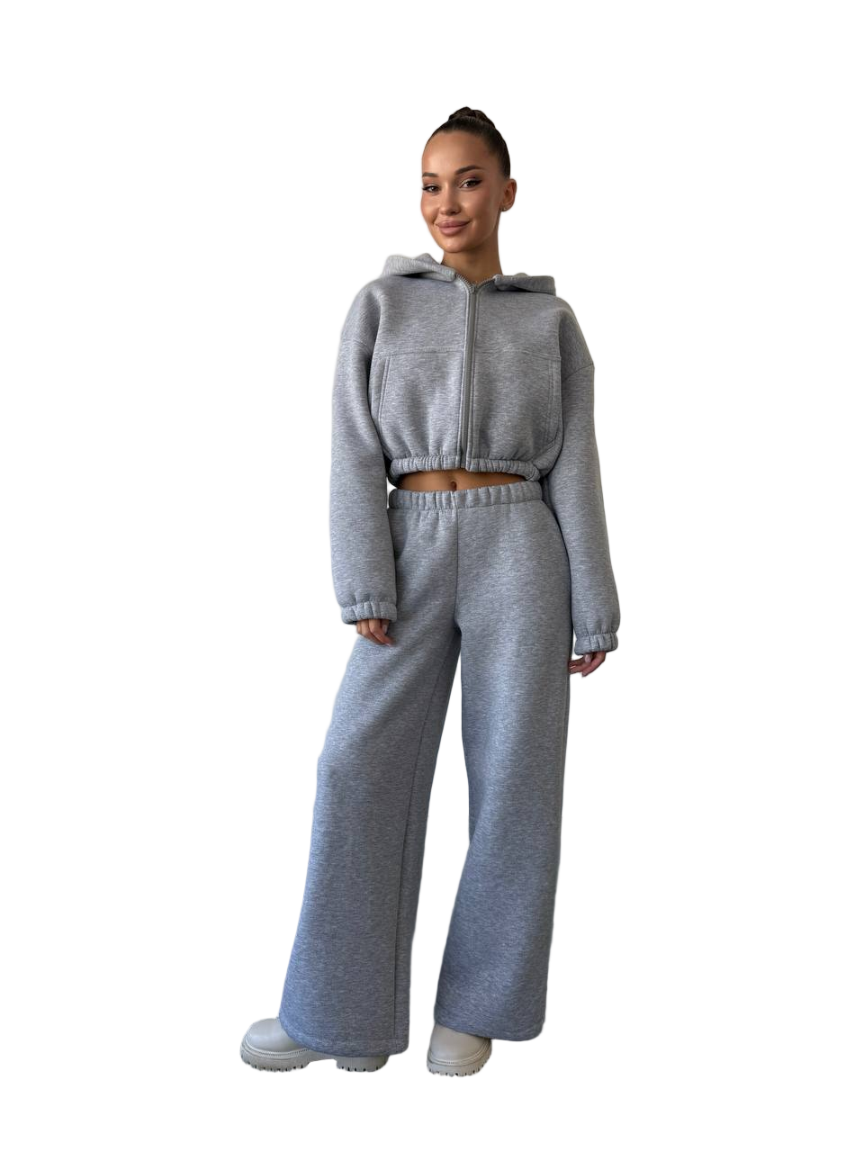 Grey Fleece Tracksuit Women Warm Cropped Hoodie Wide Leg Pants Autumn Winter