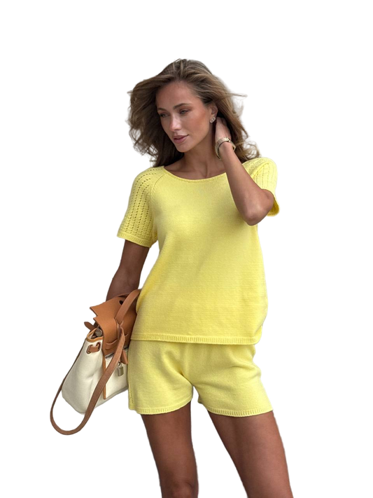 Seamless Knitted Suit Women Yellow Knit Short Set Summer Loungewear