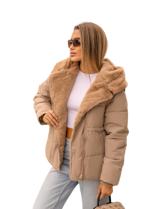 Beige Transformer Jacket with Faux Fur Hood Detachable Sleeves Convertible Puffer Coat