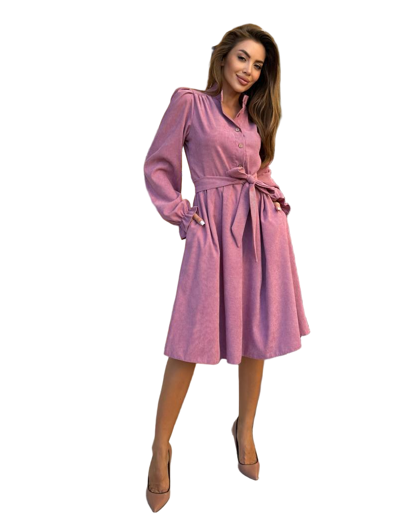 Pink Microvelvet Midi Dress Tie Waist Elegant Office Dress