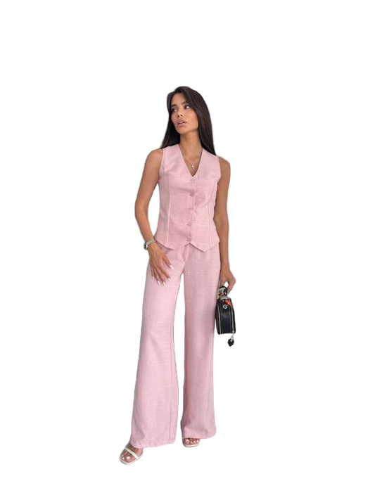 Lightweight Pink Linen Suit with Sleeveless Vest and Wide-Leg Pants