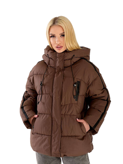 Women s Brown Hooded Puffer Winter Jacket Oversized Insulated Polyester
