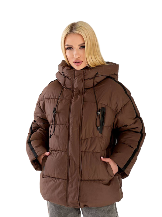 Women s Brown Hooded Puffer Winter Jacket Oversized Insulated Polyester