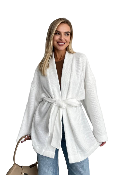White Fluffy Angora Belted Cardigan Oversized Shawl Collar