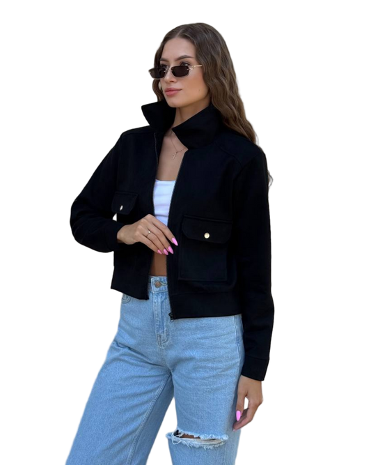 Stylish Black Suede Bomber Jacket with Zip and Pockets