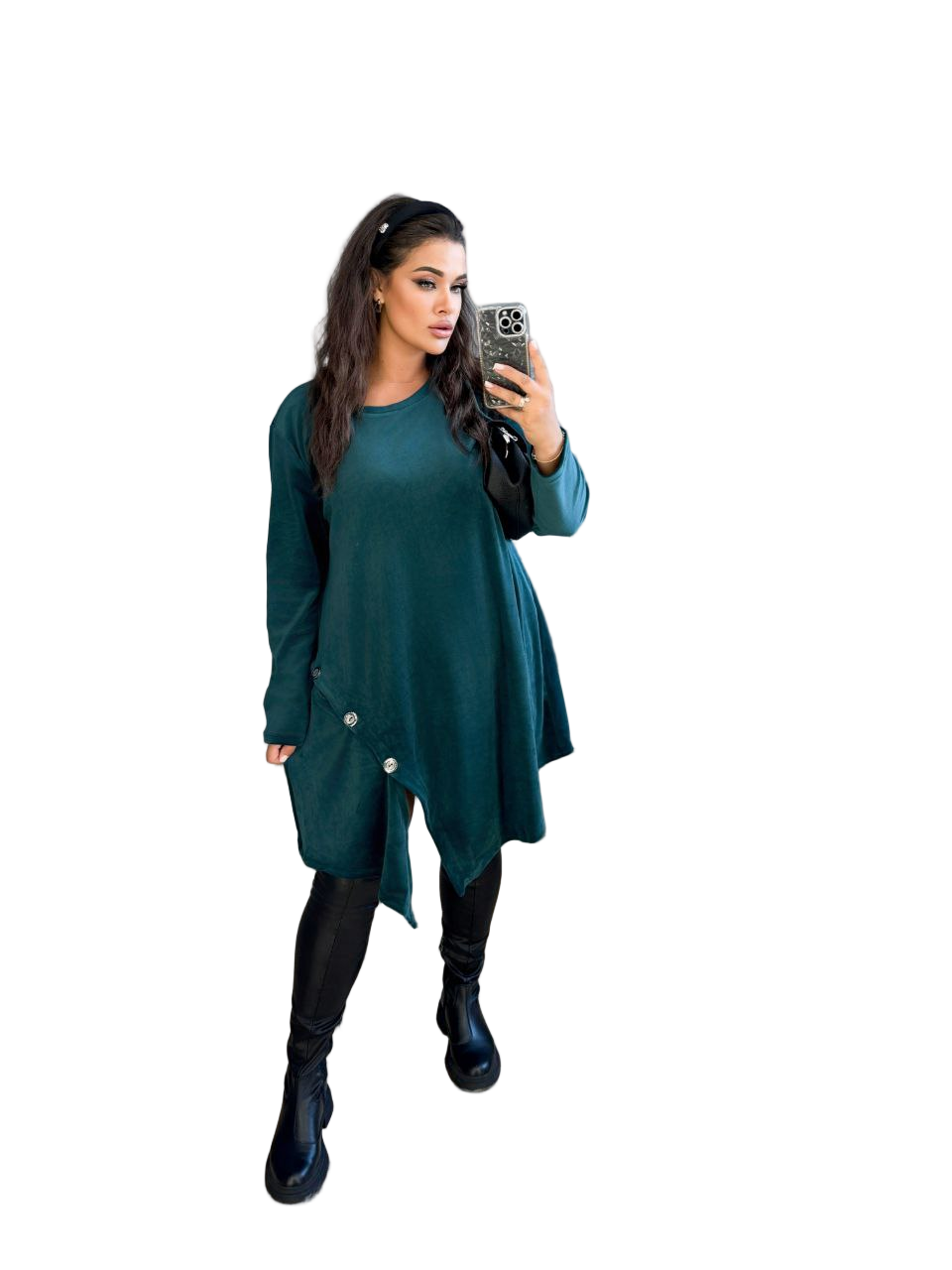 Emerald Green Royal Velour Oversized Tunic Dress Asymmetric Hem