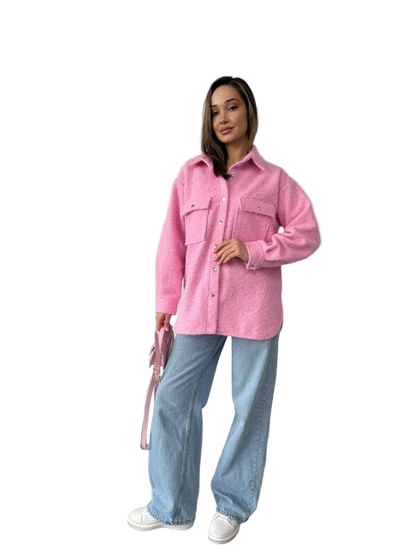 Stylish Pink Women's Boucle Wool Shirt Jacket