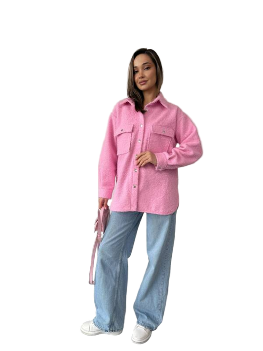 Stylish Pink Women's Boucle Wool Shirt Jacket
