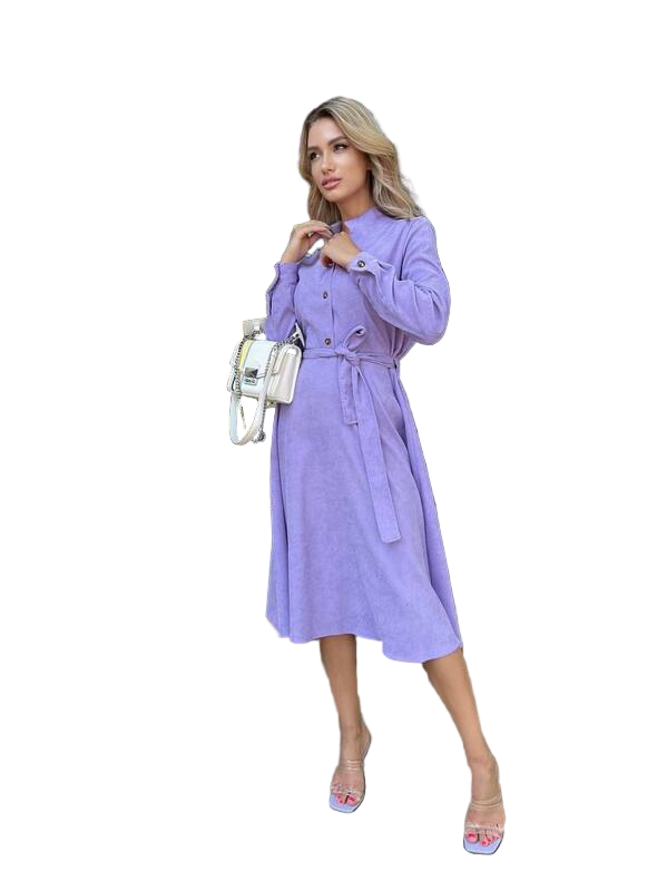 Lilac Corduroy Dress with Belt for Autumn