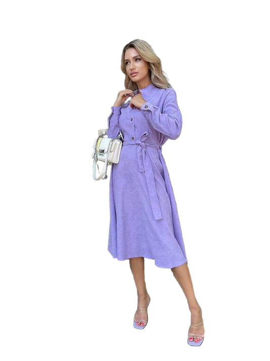 Lilac Corduroy Dress with Belt for Autumn