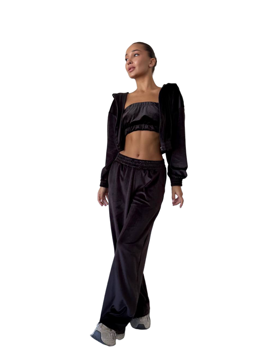 Black Velour Three-Piece Suit Set Women Tracksuit with Hooded Jacket and Crop Top