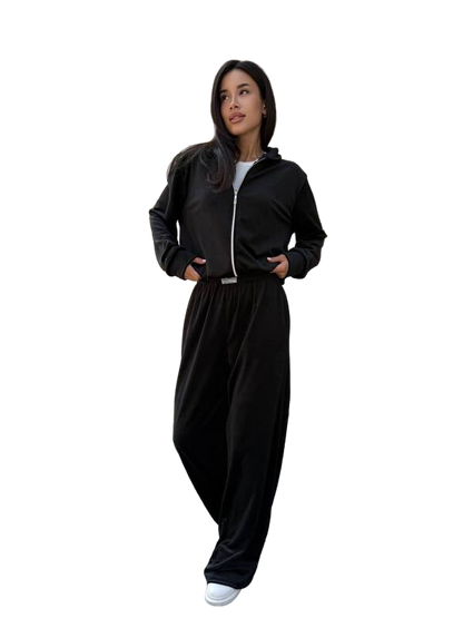 Black Velour Tracksuit with Zip Hoodie and Palazzo Pants