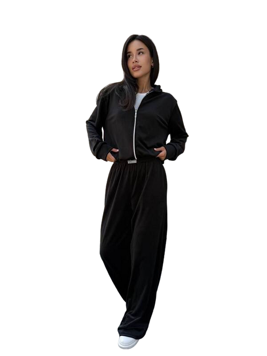 Black Velour Tracksuit with Zip Hoodie and Palazzo Pants