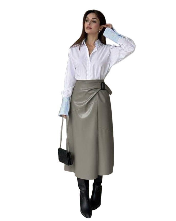 Eco Leather Midi Skirt Olive Gray Wrap High Waist