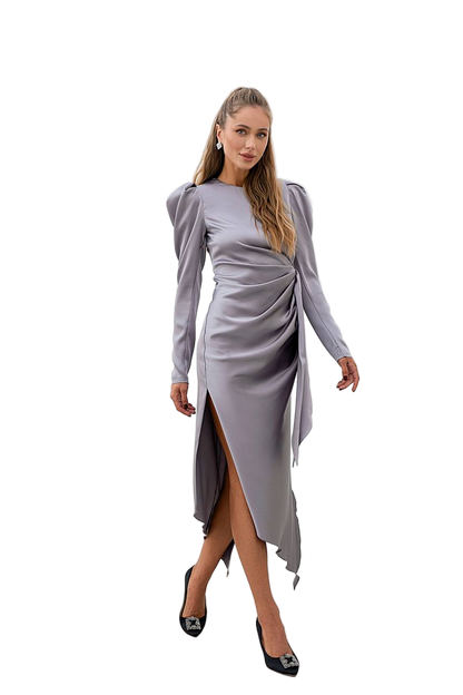 Steel Satin Ruched Midi Dress Puff Sleeve Elegant Evening Dress