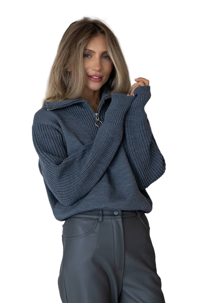 Womens Charcoal Gray Zip Collar Wool Blend Sweater