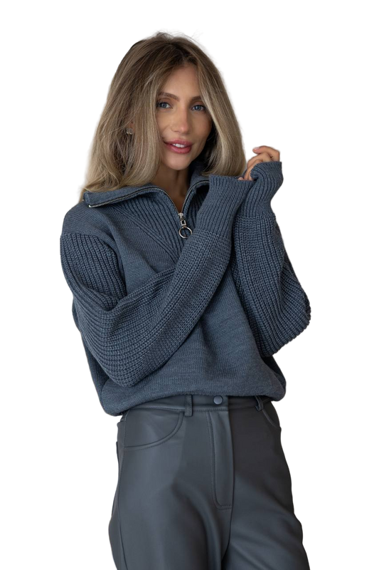 Womens Charcoal Gray Zip Collar Wool Blend Sweater