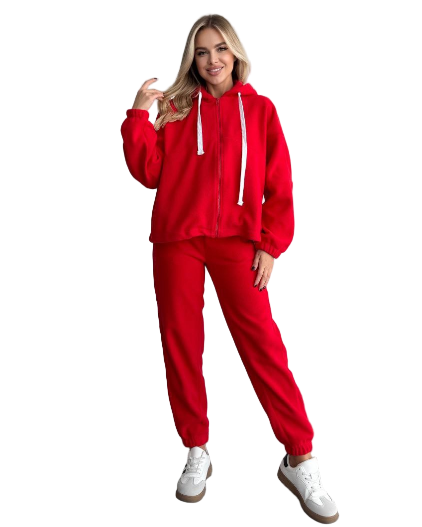 Red Double Sided Polar Fleece Tracksuit Women Oversized Zip Hoodie Joggers