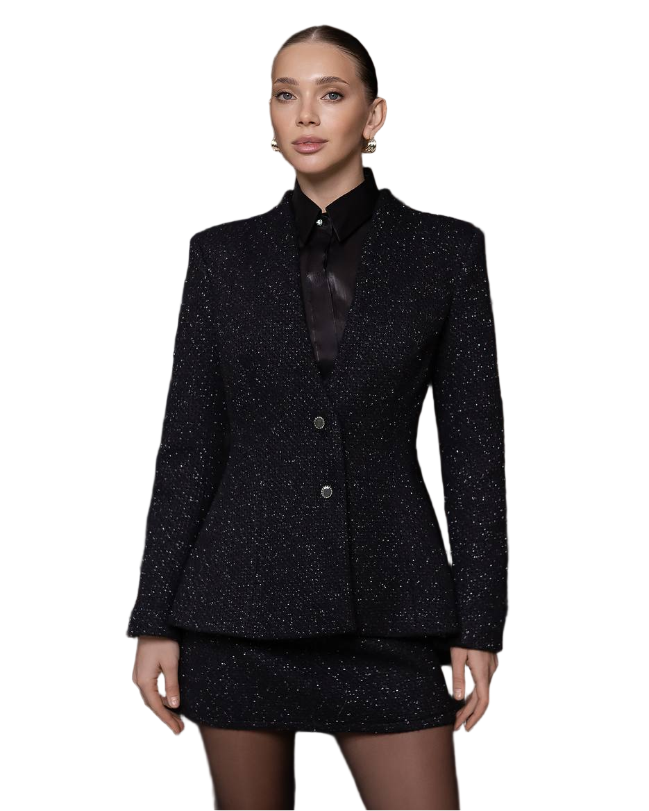 Black Tweed Lurex Blazer And Skirt Suit Elegant Womens Boucle Two Piece