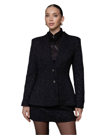 Black Tweed Lurex Blazer And Skirt Suit Elegant Womens Boucle Two Piece