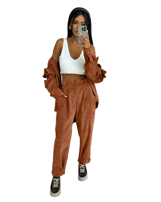 Stylish Corduroy Two-Piece Set with Ruffle Shirt and Buttoned Pants