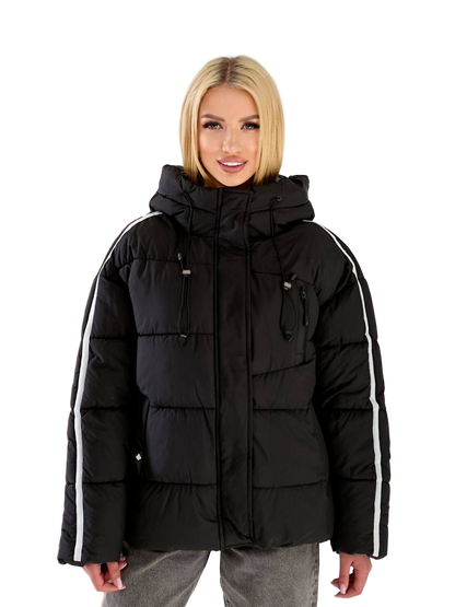 Black Hooded Puffer Jacket Womens Winter Insulated Oversized Polyester