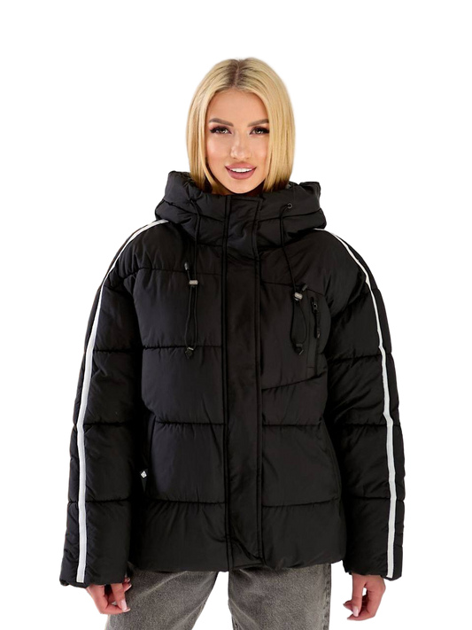 Black Hooded Puffer Jacket Womens Winter Insulated Oversized Polyester