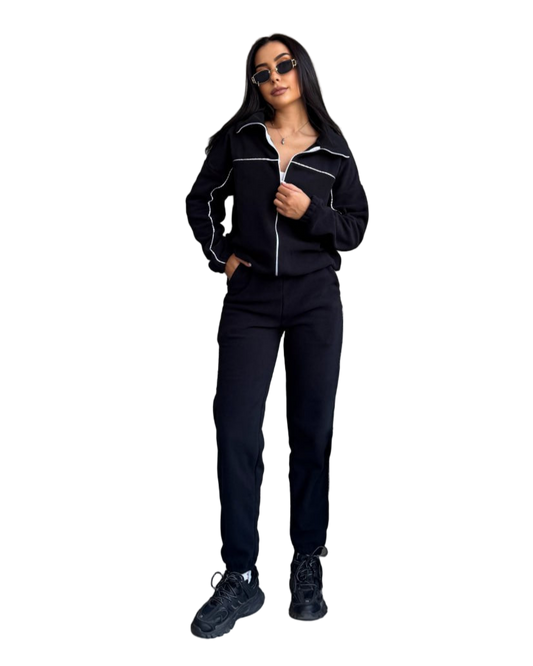 Black Turkish Fleece Tracksuit Womens Zip Jacket and Joggers Piped Trim