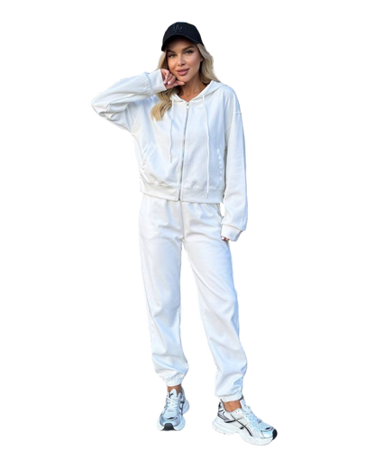 Women's Three-Piece Loungewear Set White Cotton Jogger Hoodie and Crop Top