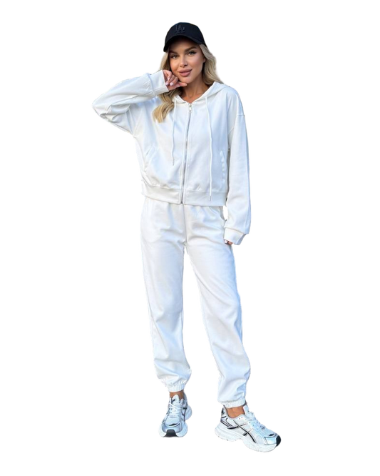 Women's Three-Piece Loungewear Set White Cotton Jogger Hoodie and Crop Top