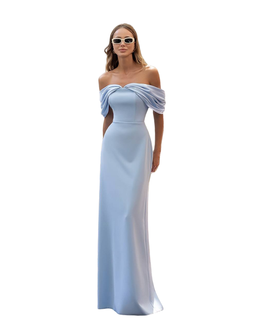Premium Crepe Off Shoulder Evening Dress Mango Satin Inserts Blue