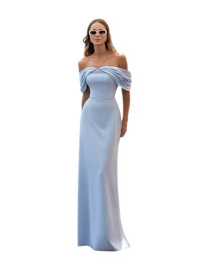 Premium Crepe Off Shoulder Evening Dress Mango Satin Inserts Blue