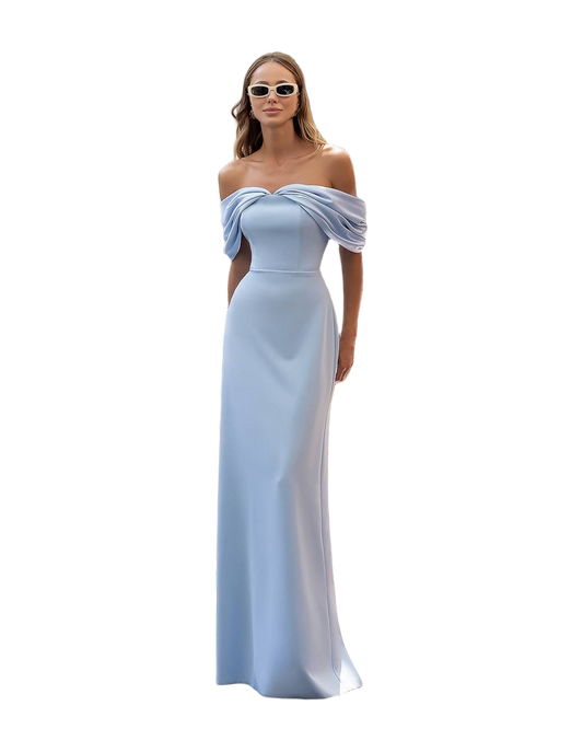 Premium Crepe Off Shoulder Evening Dress Mango Satin Inserts Blue