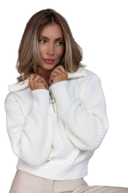 White Zip Collar Knit Sweater Wool Blend Cozy Pullover